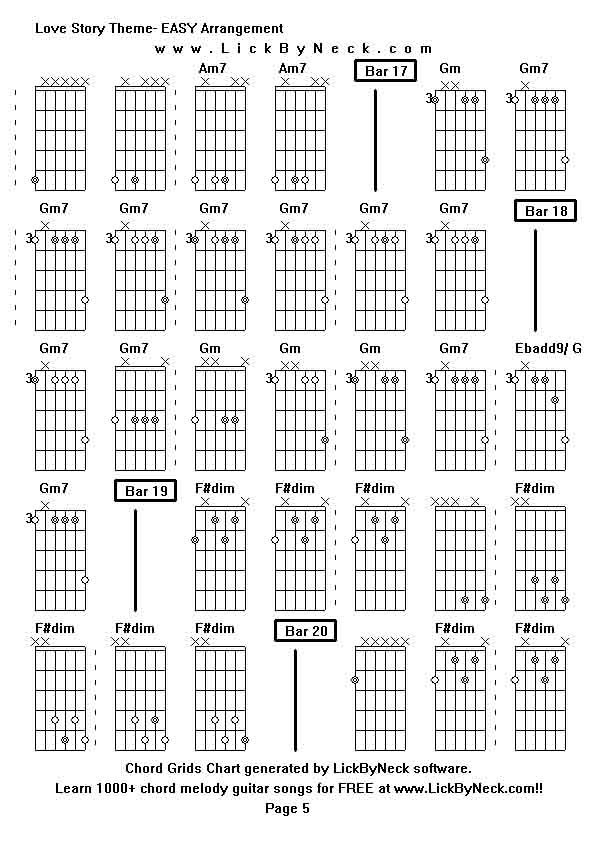 Chord Grids Chart of chord melody fingerstyle guitar song-Love Story Theme- EASY Arrangement,generated by LickByNeck software.